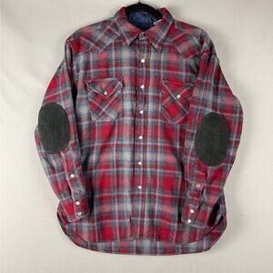 Pendleton Virgin Wool Shirt Mens Large Elbow Patch Plaid Western Pearl Snap USA
